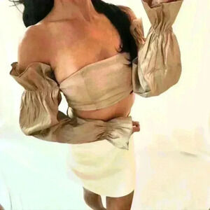 ASOS RARE London Mettalic Crop Top Beige Tan Gold Bandeau Blouse Long Sleeve Cre